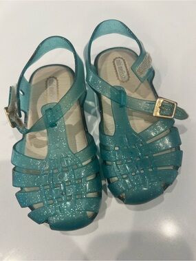 Mini Melissa Teal Sparkle Jelly Sandals with Gold Buckle